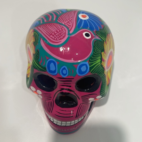 Day of the Dead Pink/Black/Yellow Flower/Birds Ceramic SKULL Art Decor - Picture 3 of 5